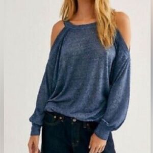 NWT Free People Oversized Long Sleeve "Chill Out" Cold Shoulder Top Burnout Blue